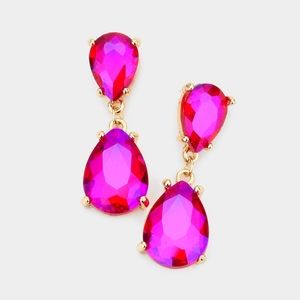 Pink Fuchsia Dangle Crystal Teardrop Earrings 1.4 Inch Evening Drop Link Womens